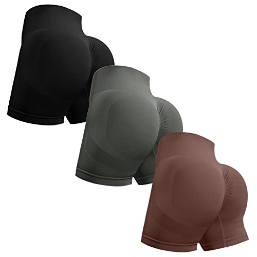 OVESPORT 3 Piece Workout Shorts for Women Seamless Scrunch Butt Lifting High Waisted Yoga Gym Booty Running Short Pants Small Black/Gray/Brown