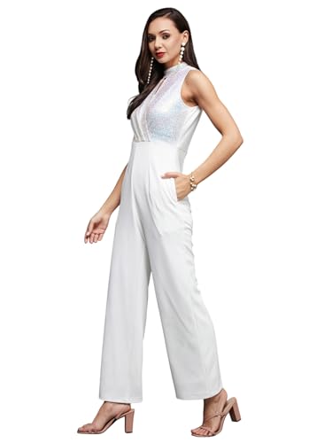 Image of Miss Chase Women's Halter Neck Sleeveless Solid Wide Leg Sequin Paneled Regular Length Jumpsuit