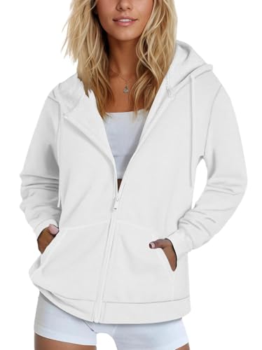 SMENG White Hoodie Women Zipper Cotton Comfy Sweatshirt Zip Up Hoodies for Women Y2K Warm Fleece Jackets M