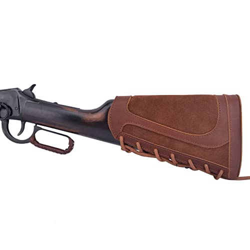 Leather Buttstock Cheek Rest with Rifle Shell Holder for .357 .308 .30-30 .30-06 .45-70 12GA 16GA 20GA .22LR (Brown(No Shell Slots), Left Handed)