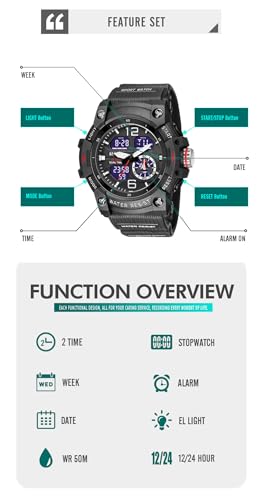 KXAITO Men's Analog Sports Watch Military Watch Outdoor LED Stopwatch Digital Electronic Large Dual Display Waterproof Tactical Army Wrist Watches for Men 80074
