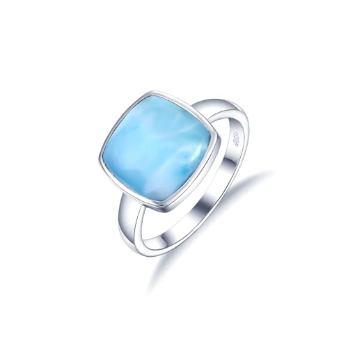 Natural Larimar Ring for Women, 925 Sterling Silver 11x11mm Square Blue Gemstone Engagement Eternity Band Ring