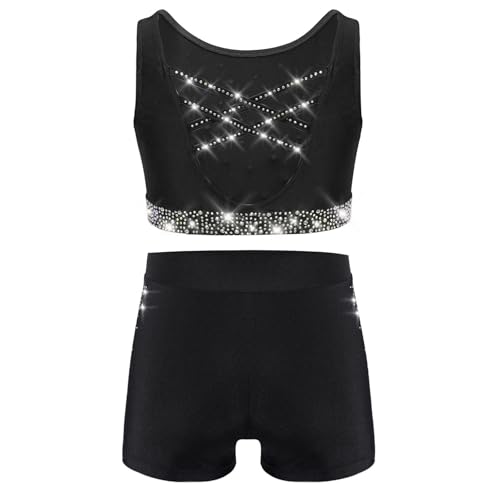 YiZYiF Kids Girls Rhinestones Gymnastics Dance Sports Set Sleeveless Crisscross Back Crop Top Vest and Shorts Set2