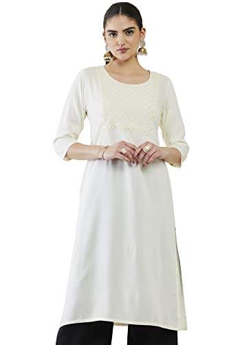 Image of Soch Women Off White Rayon Embroidered Kurta