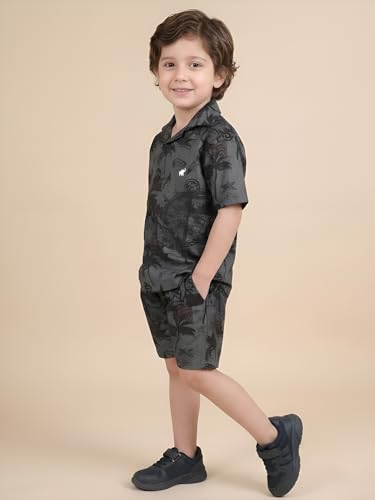 Image of POLKA TOTS Cotton Boys Summer T-shirts and Shorts Combo Set | Premium Printed Shirt & Shorts Combo | Relaxed Fit | Summer Toddler Outfit for Kids | Co-Ord Set For Boys | Tropical Print | Black 4-5 Y