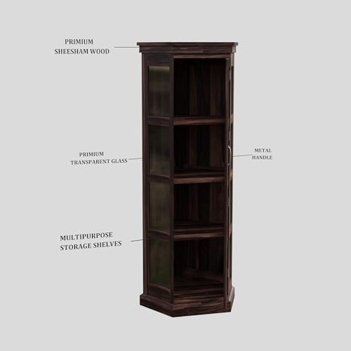 Image of Krishna Wood Decor Solid Sheesham Wood Corner Cabinet with Four Shelves | Tall Display Unit Storage with Acrylic Glass Door for Living Room & Office | Wooden Bookcase /Corner Showcase | Walnut Finish