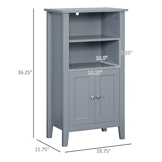 kleankin Bathroom Floor Cabinet, Wooden Bathroom Cabinet with 2 Open Shelves, Double Doors and Adjustable Shelves, Freestanding Storage Cabinet for Bathroom, Dark Grey