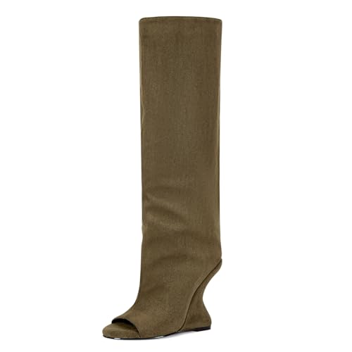 Yishaweiqi Suede Camel Knee High Boots for Women Peep Toe Wedge Boots Pull On Open Toe Summer Boots
