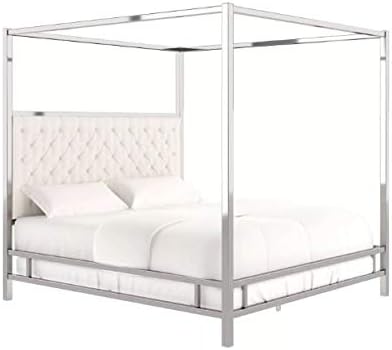 Manhattan Canopy Metal Frame Bed with Diamond Button Tufted Headboard - Inspire Q (King, White)