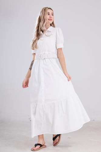 Image of utcoco Womens Striped Button Down Shirt Dress Casual Puff Short Sleeve Ruffle Hem Maxi Dresses with Belt