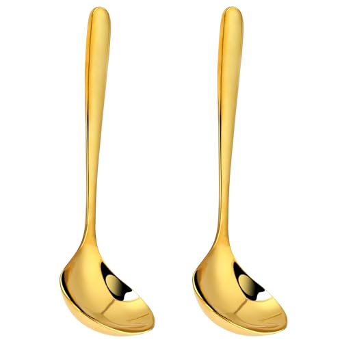 Listado de Cucharones para salsa Top 10. 39 Cucharas doradas de 8 pulgadas, cucharón de salsa, cucharón de acero inoxidable 304, mango largo, utensilios de cocina (2 unidades-dorado)