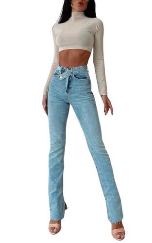 PIRAL Women's Cross Belt Jeans Dark Blue - Straight Leg - 100% Cotton - Split Hem - 34