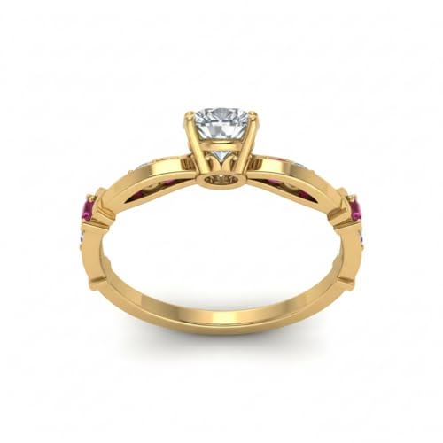 Image of Choose Your Gemstone Petite Pave Diamond CZ Engagement Ring Yellow Gold Plated Round Shape Petite Engagement Rings Minimal Modern Design Birthday Gift Wedding Gift US Size 4 to 12