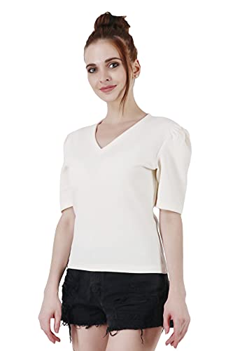 Image of POPWINGS Casual Solid Puff-Sleeves Crop Top for Women || V-Neck Crop Top for Women || Half-Sleeves Summer Crop Top for Women || Crop Tops for Women Fancy Crop Top for Women