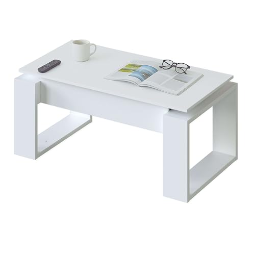 Habitdesign – Mesa de Centro Elevable Moderna, Mesita Auxiliar para Salón, Color Blanco Artik, 105x55x45-54 cm – Modelo Nova