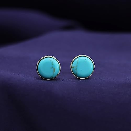 7MM Turquoise Gemstone Stud Earrings for Women Bezel Set Round Dome Button Earrings in 14K Gold Plated 925 Sterling Silver Birthstone Jewelry Gift for Her2