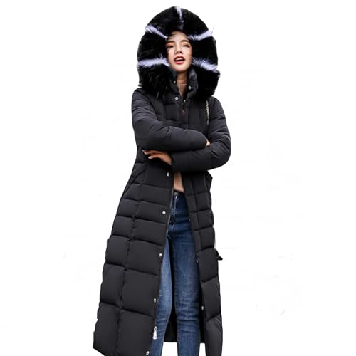 Womens Long Puffer Coat with Hood Maxi Length Quilted Padded Jackets Winter Warm Long Sleeve Outerwear Pockets