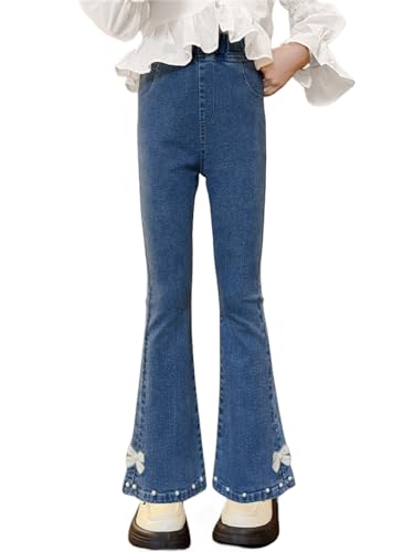 Trendy Girls Teens Jeans High Waisted Flare Leg Jeans Elastic Waist with Bowknot Stretch Skinny Bell Bottom Denim