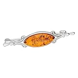 Elegant Fancy Silver Brooch Pin/Clip in Marquise Cognac Orange Amber in Vintage Style for Women Ladies - 925 Sterling Silver - Amber Jewellery for Women