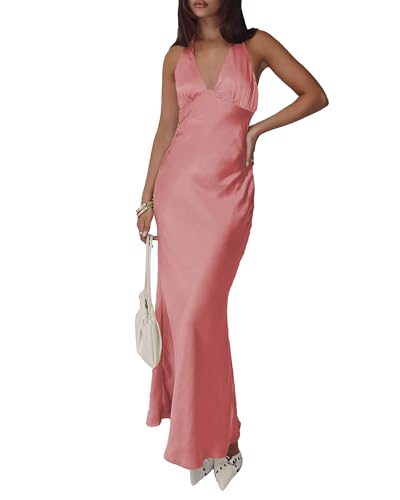 Image of Women's Satin Dresses Summer Bodycon Sexy Halter V Neck Backless Elegant Formal Prom Cocktail Wedding Guest Maxi Dress