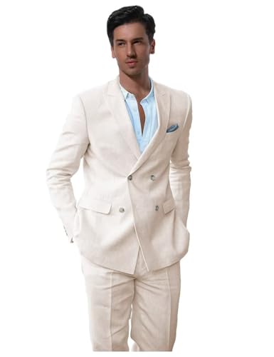 Linen Suits for Men 2 Piece Double Breasted 4 Button Tuxedos Casual Peak Lapel Blazer Pants for Business Wedding Party
