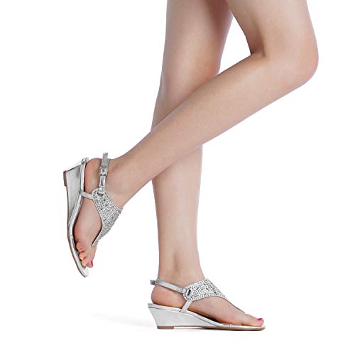 Image of DREAM PAIRS Women's Wedge Thong Sandals, Summer Rhinestone Dress Shoes for Wedding