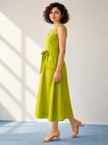 Image of PURVAJA Women's Fit & Flared Midi Length Sleeveless V-Neck Solid Dress