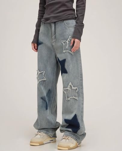 Cute Jeans for Women Girls Star Patchwork Pants Y2K High Waisted Straight Leg Baggy Jean Casual Preppy Clothes4