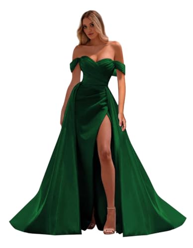 Off The Shoulder Prom Dresses Long Ball Gown with Slit Mermaid Pleaed Satin Formal Party Dress