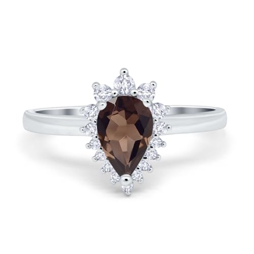 OMRANII Art Deco Pear Teardrop Natural Chocolate Smoky Quartz Vintage Style Halo CZ Wedding Engagement Rings For Women 925 Sterling Silver Gifts For Her