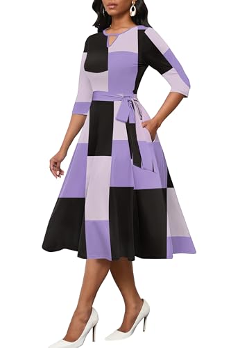 Image of CLOCOR Midi Dresses for Women Casual A-Line Fit and Flare Dress Crewneck 3 /4 Sleeve Keyhole Cocktail Party Church Dress