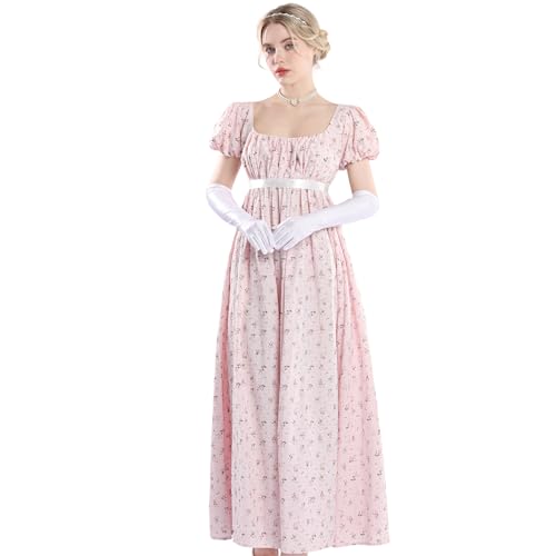 CR ROLECOS Regency Kleid Damen Jane Austen Kleid Empire Kleider mit Handschuhen Viktorianische Ballkleid Damen Lang Cocktailkleid Gala Rosa XL