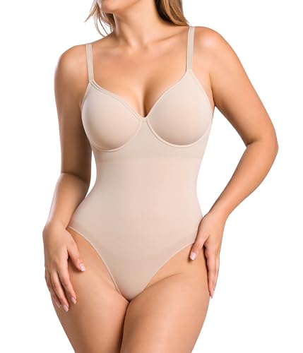 BRABIC Shapewear Bodysuits for Women Tummy Control Shapewear Seamless Backless V-Neck Tops with Built-in Bra(Beige, Large)