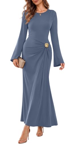 Sipaya Maxi Bodycon Dresses for Women Wedding Guest Formal Business Casual Long Sleeve Cocktail Outfits Midi Fall Fashion Winter Clothing Funeral Blue L - image 1
