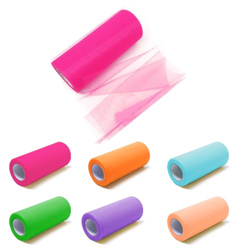 Rebanky 6 Pièces Rouleau de Tulle Multicolore 15cm x 22.8m - Tissu en Tulle Doux pour Mariage, Décoration de Fête, Tutu et DIY | Bobine de tulle pour Nœud...