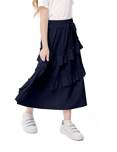 Image of Girls High Waisted Ruffle Maxi Skirt Soft Cotton Long Skirts with Elastic Waistband for Kid Girl 3-12 Years