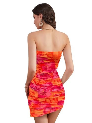 WDIRARA Women's Floral Mesh Strapless Ruched Tube Mini Dress Short Bodycon Dresses2