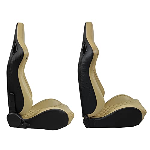 Image of IKON MOTORSPORTS, Universal Racing Seats with Dual Sliders, Reclinable Beige PU + Carbon Leather with Hexagonal Quilting Sport Bucket Seats, 1 Pair Driver + Passenger Side