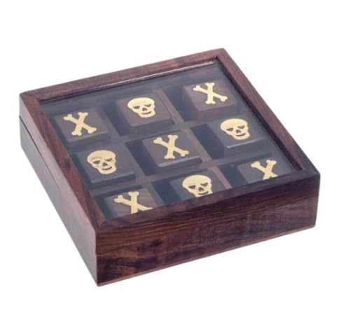 Tic Tac Toe Piratenspiel aus Holz mit Glasvitrine – Schädel und gekreuzte Knochen – 13 x 13 cm
