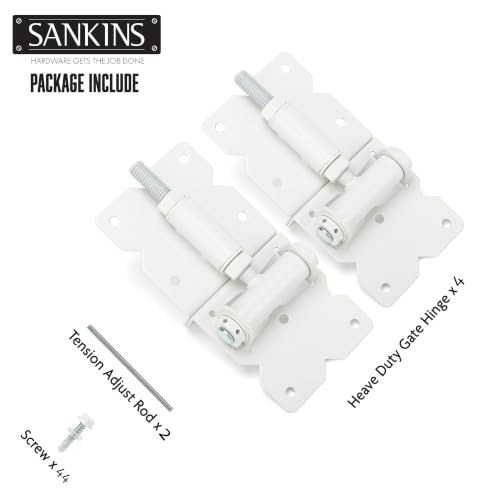 Image of Self Closing Gate Hinges Heavy Duty, 90 Degree Adjustable, 4Pcs | Heavy duty gate hinges fence hinges for Wooden /Vinyl /PVC Fences, with installation screws and swing adjuster tool, white
