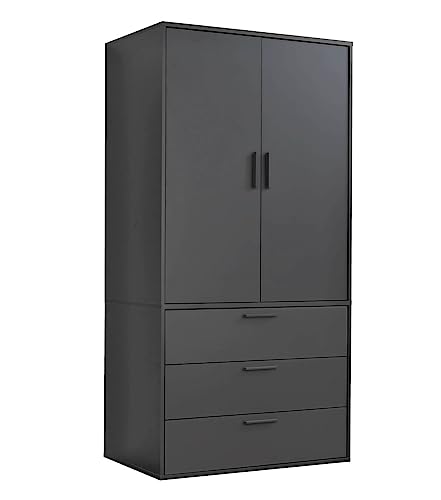 mokebo Kleiderschrank klein in Schwarz 2-türig & 3 Schubladen 'Der Grenzenlose', modularer Schlafzimmerschrank, Garderobenschrank, Flurschrank, Drehtürenschrank o. Schrank Holz in 90x187x58 (BxHxT)