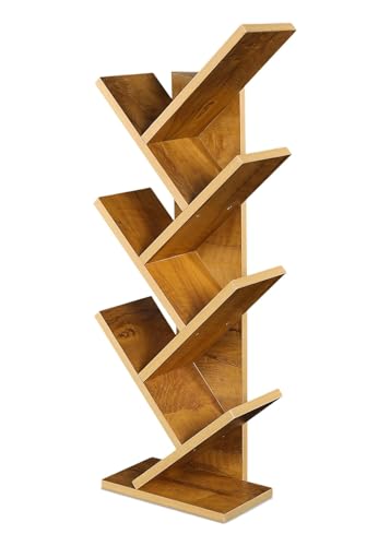 Image of SBF Furniture Modern Tree Shape Wood Bookcase, 7-Tier Book Rack, Storage Rack Shelves in Living Room, Free-Standing Books Holder Organizer, Space Saver for Home, Office, Set of 1 (DIY) (Yellow)