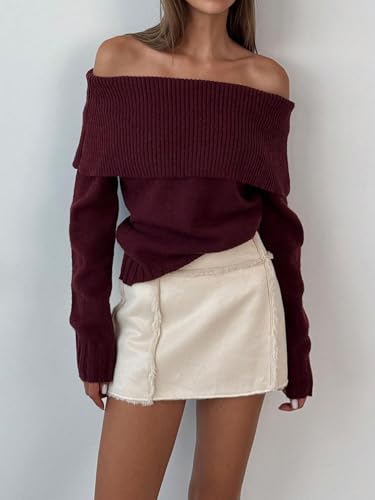 Image of Verdusa Women's Fall Sweaters Off The Shoulder Long Sleeve Sweater Pullover Sweaters Early Fall Clothes Burgundy Large