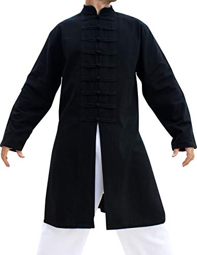 Image of Chinese Collar Mens Long Naval Jacket Many Button Tai Chi Cotton