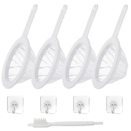 4 Stück Feines Küchen Sieb Filter - 200 Mesh Feinmaschiger Haarsieb Küche Netzsieb mit Griff Extra Fein Nylonmaschen FeinesSieb mit Reinigungsbürste und Haken Kefir Trichterfilter Sieb für Saft Kaffee