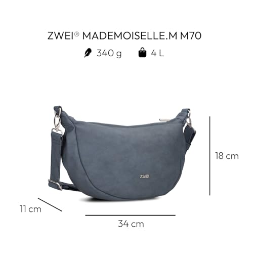 Zwei Damen Handtasche Mademoiselle.M M70 Moon-Bag 4 Liter Trend-Tasche in Halbmond-Form vielseitig als Bauchtasche Crossbody-Bag Abendtasche Umhängetasche zu tragen (nubuk-blue)