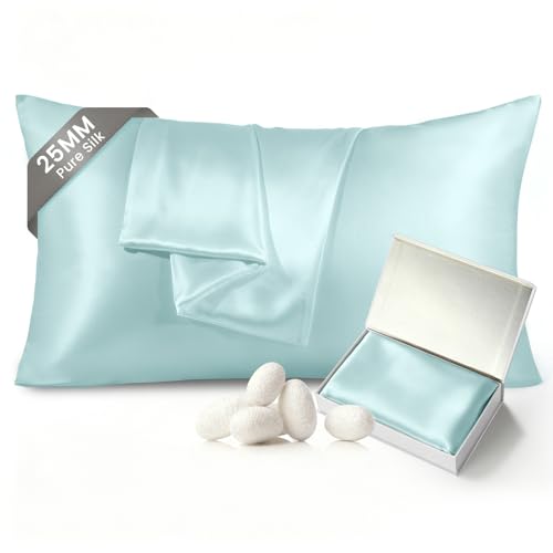 Image of THXSILK Natural 100% Mulberry Silk Pillowcase for Hair and Skin, 25 Momme, Standard Size 20 inchx26 inch Silk Pillow Case, Soft Smooth Cooling Premium Grade 6A+ Silk Pillow Cover with Zipper(Light Blue, 1pc)