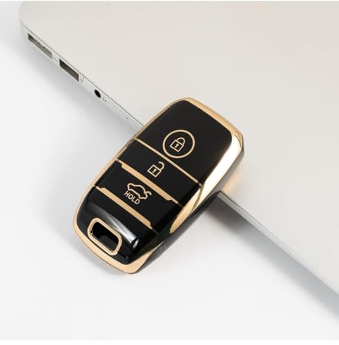 Image of TPU Car Key Cover Black & Golden Compatible for KIA Seltos,Sonet,Carens (KIA, 3 Button Push Smart Key)