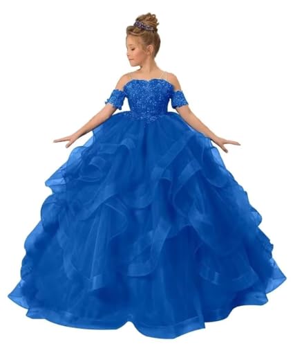 Off The Shoulder Tulle Flower Girl Dresses for Wedding Applique Princess Ruffle Pageant Dress for Girls Puffy Ball Gown