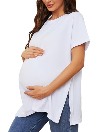Liu & Qu Womens Maternity Shirts Short Sleeve Split Side Casual Pregnancy Clothes Crewneck Loose Maternity Tops White